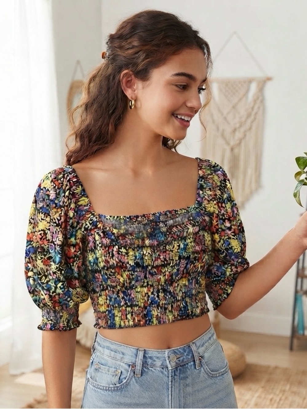 Urban Outfitters Floral Smocked Puff Sleeve Crop Top